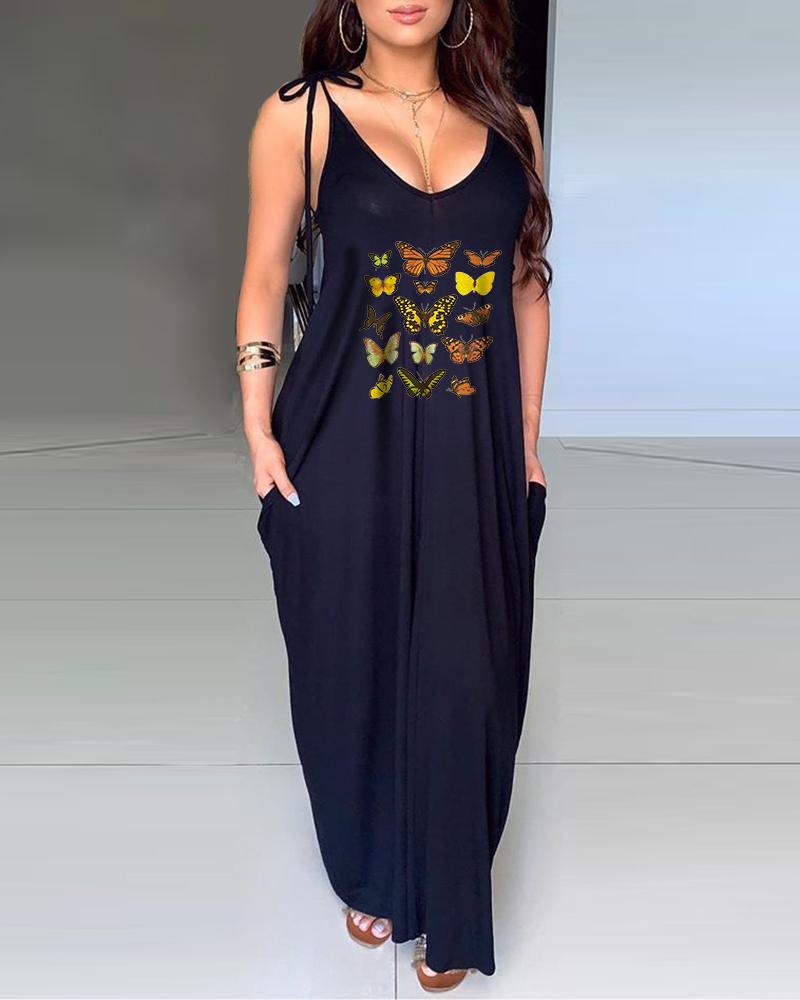 

Butterfly Print Pocket Design Casual Dress, Black