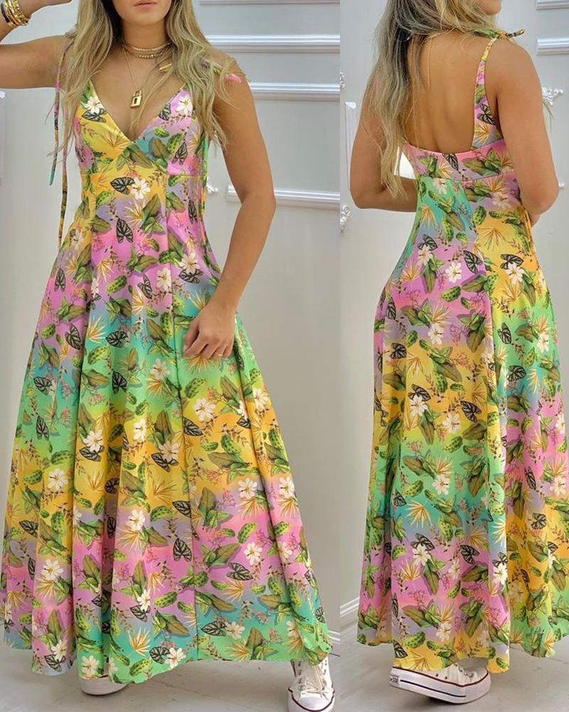 

Leaf Floral Print Colorblock Backless Maxi Dress, Multicolor