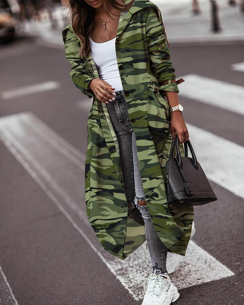

Pocket Design Camouflage Print Long Sleeve Coat, Green