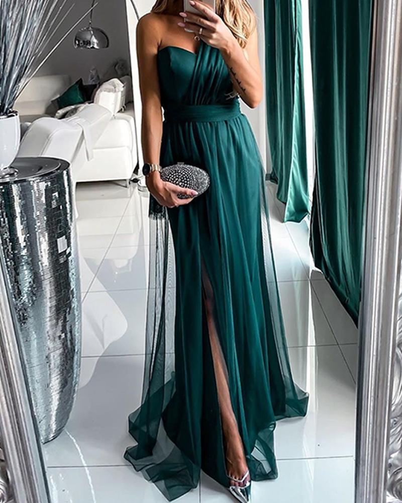 

Multi-way Wear Sheer Mesh Overlay Slit Prom Dress, Green