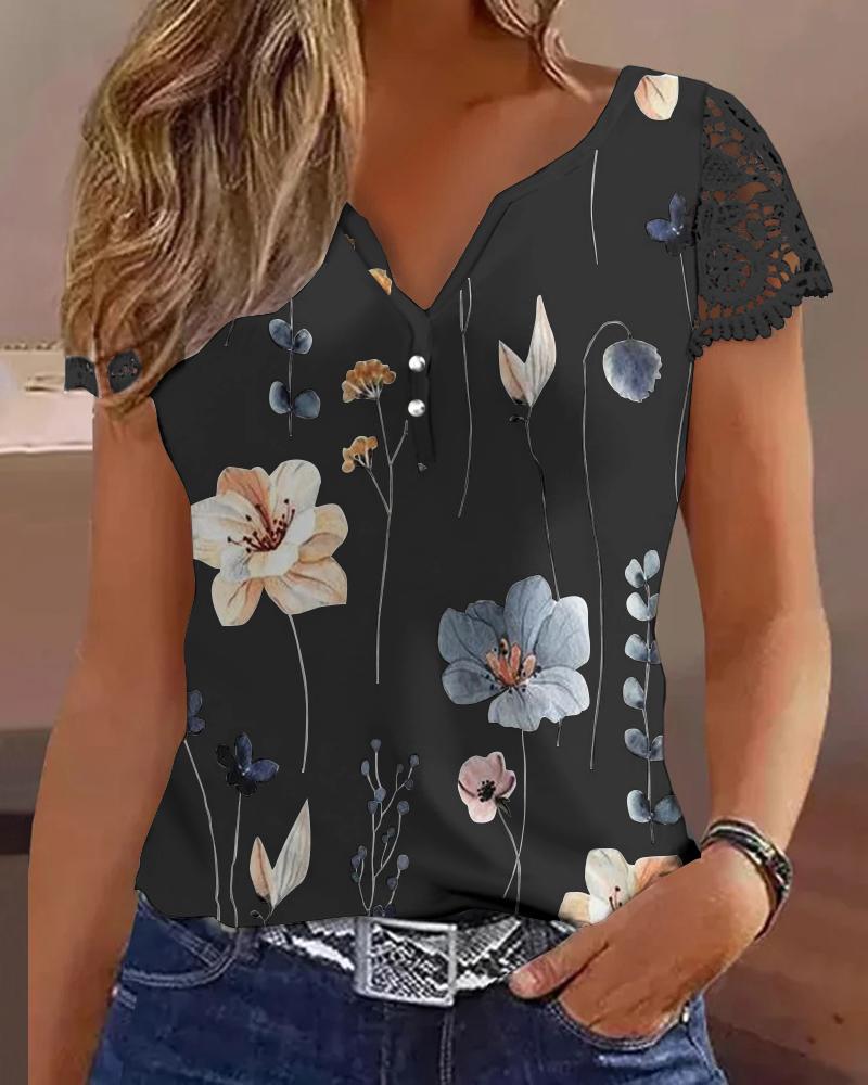 

Floral Print Notch Neck Lace Patch Top, Black