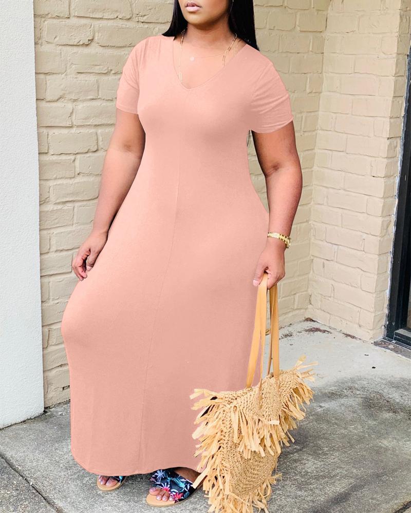 

Plus Size Short Sleeve Pocket Detail Maxi Dress, Pink