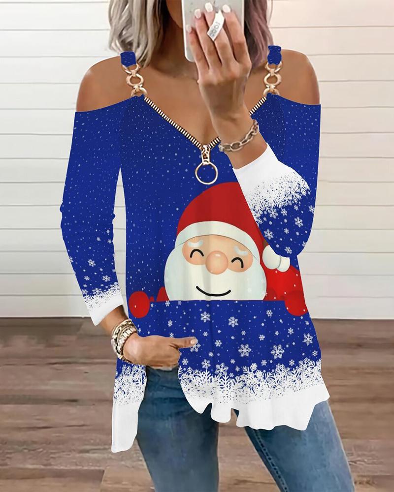 

Christmas Santa Snowflake Print Zipper Design Top, Dark blue