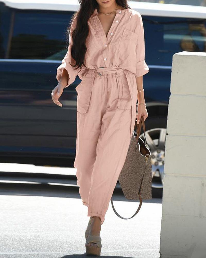 

Buttoned Pocket Design Round Neck Jumpsuit, Pink