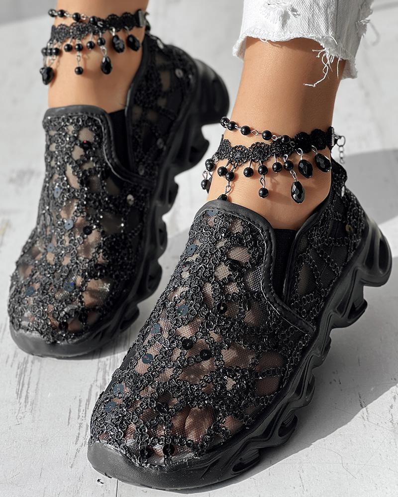 

Zapatillas deportivas transpirables con parche de malla transparente y lentejuelas en contraste, Black