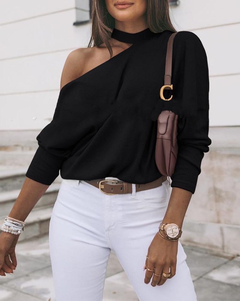 

Solid Long Sleeve Loose One Shoulder Cut-out T-shirts, Black