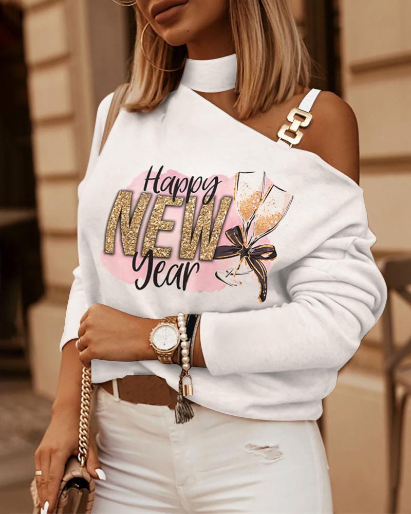 

Happy New Year Print Chain Strap Cold Shoulder Top, White