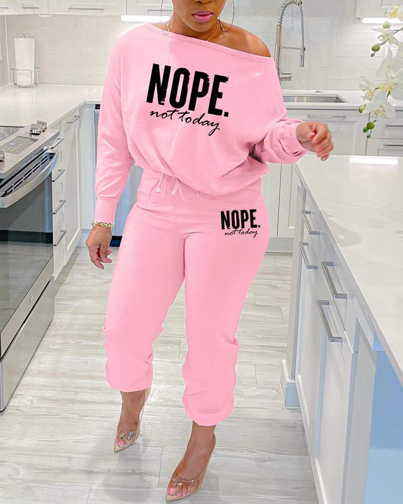 

Nope Not Today Print Skew Neck Top & Drawstring Cuffed Pants Set, Pink