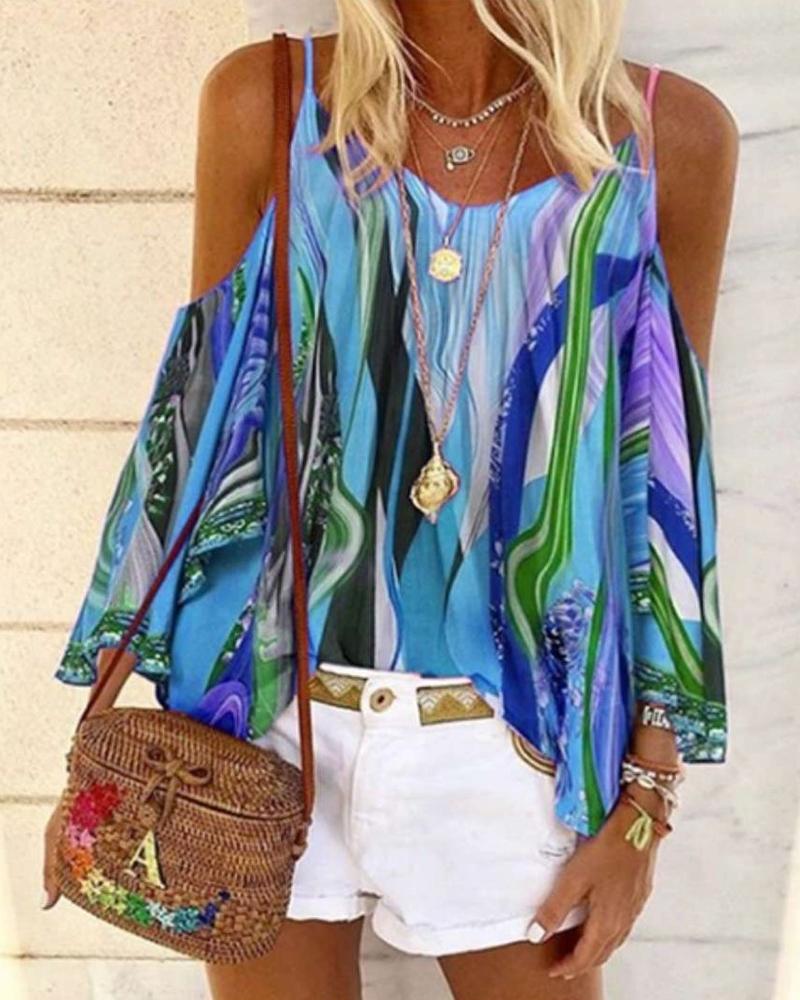 

Abstract Print Cold Shoulder Top, Blue