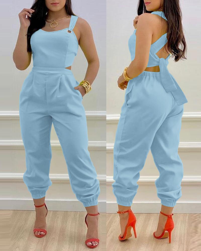 

Backless Criss Cross Cuffed Jumpsuit, Sky blue