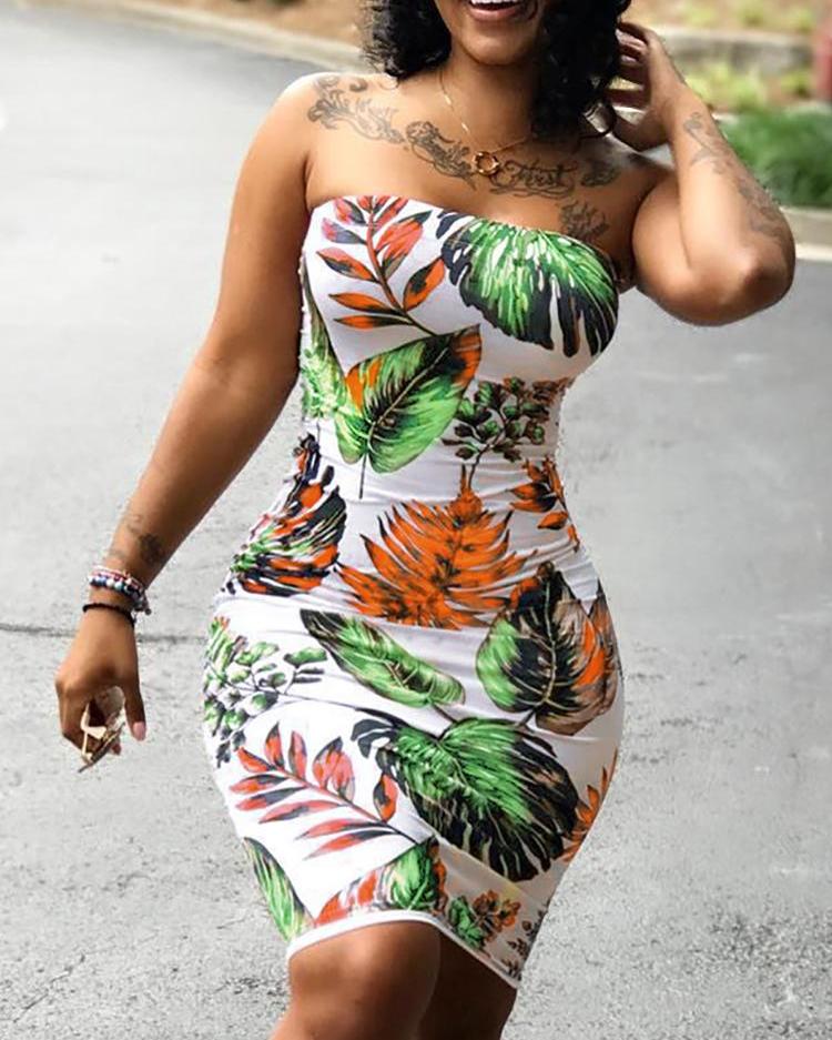 

Tropical Print Bandeau Bodycon Dress, Green