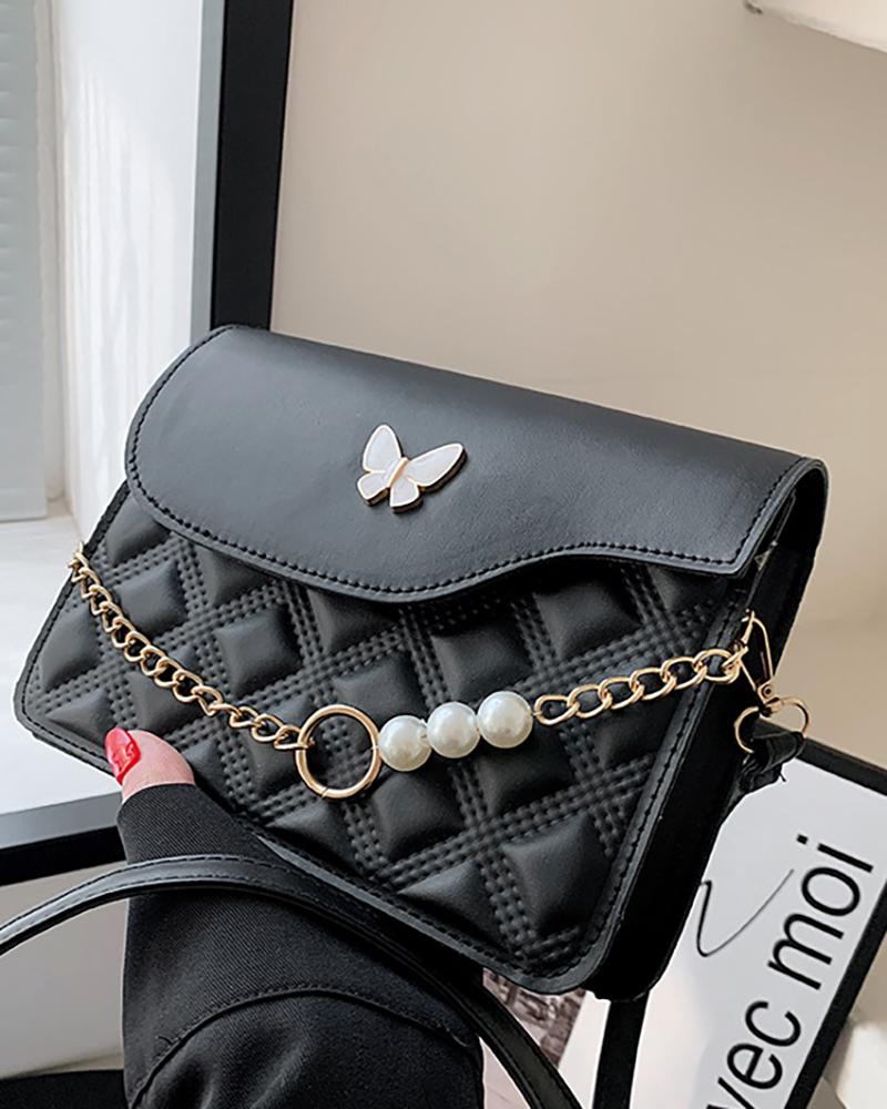 

Pearls Chain Decor Butterfly Pattern Quilted Crossbody Bag, Black