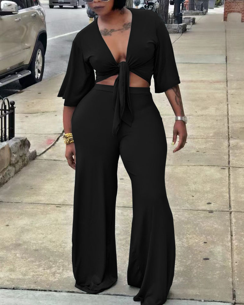 

Tied Detail Crop Top & Wide Leg Pants Set, Black