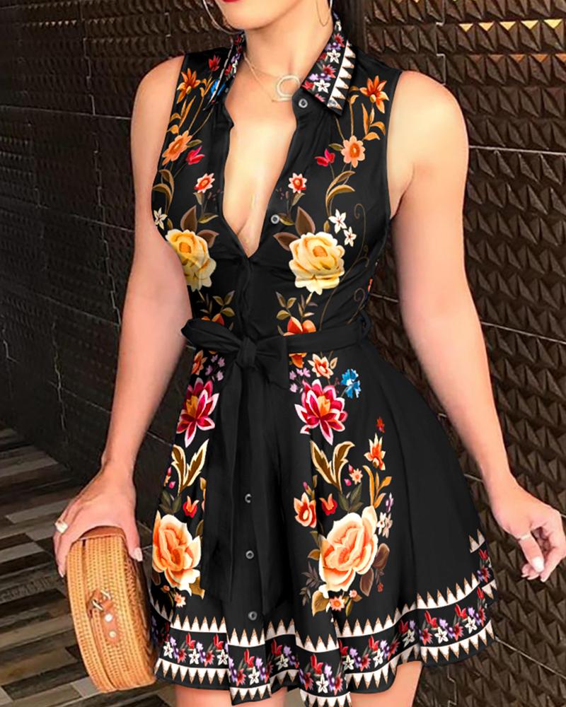 

Floral Print Button Down Belted Shirt Dress, Black
