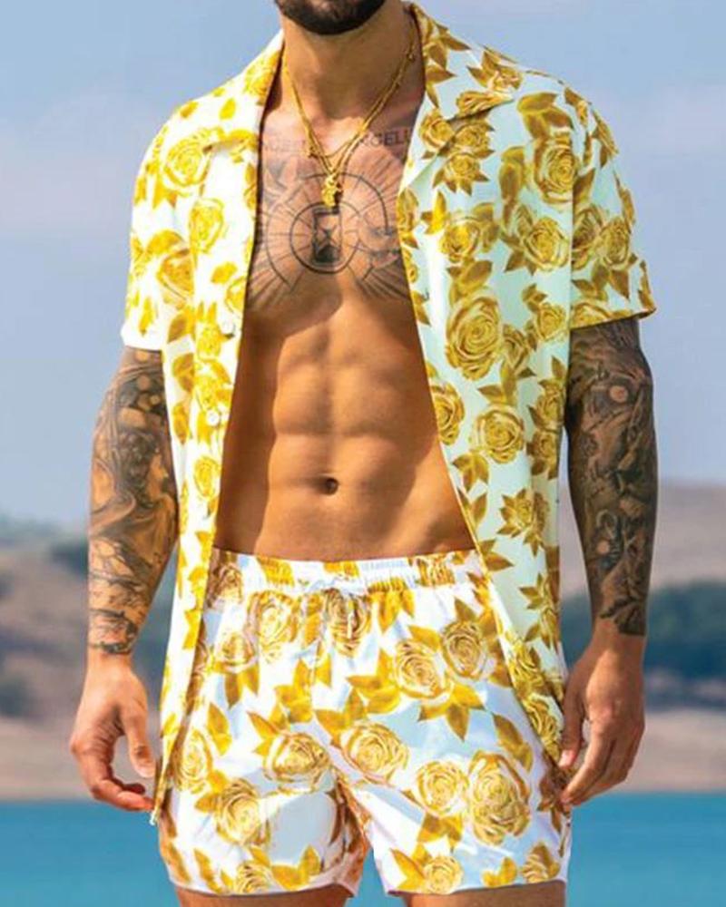 

Floral Print Short Sleeve T-shirt With Short Pants Suit Sets, Yellow