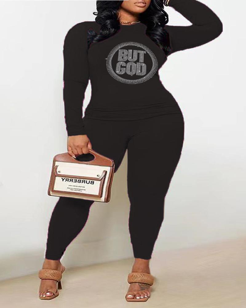 

Plus Size Rhinestone Letter Pattern Casual Top & Pants Set, Black