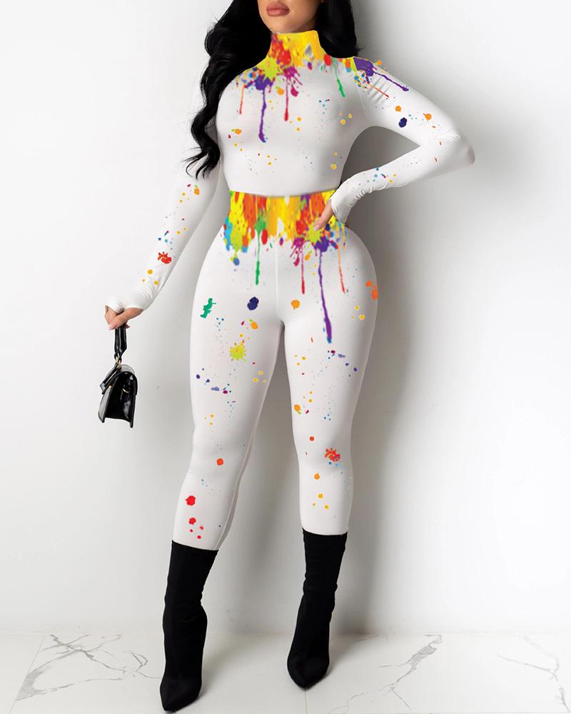 

Splash-ink Long Sleeve Crop Top & High Waist Pants Set, White