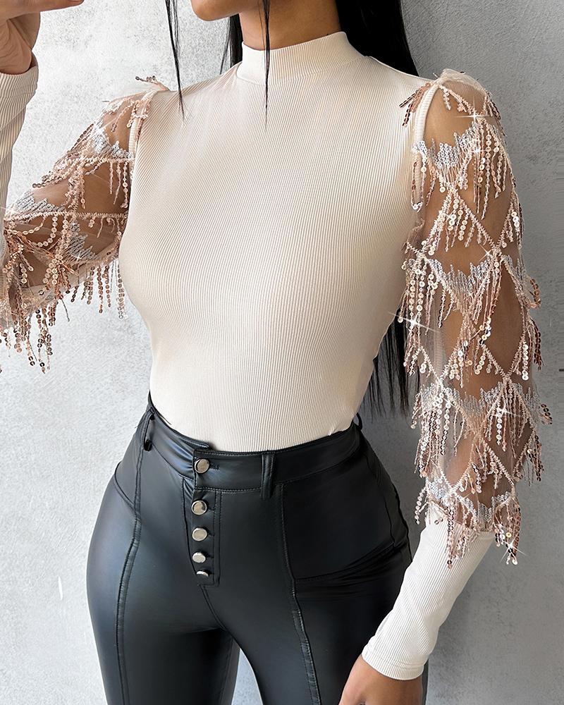 

Contrast Sequin Tassel Decor Top, Apricot