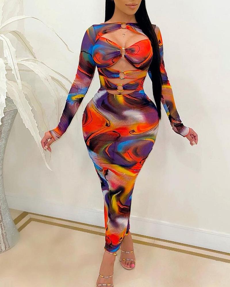 

Tie Dye O-Ring Cut-Out Long Sleeve Skinny Dress, Multicolor