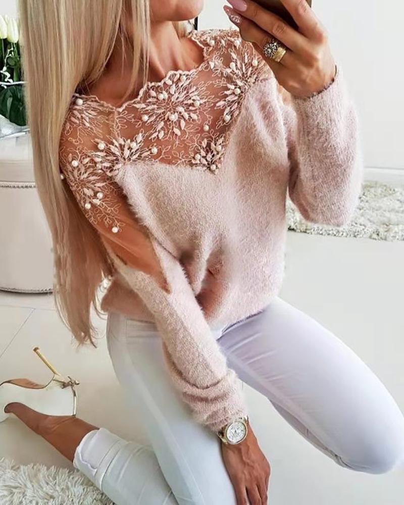 

Floral Pattern Sheer Mesh Long Sleeve Knit Sweater, Pink