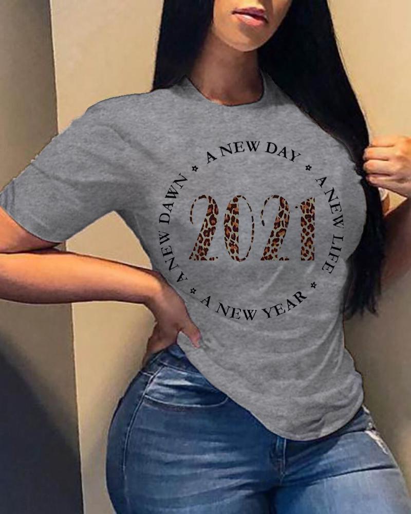 

Cheetah Letter Print Short Sleeve Casual T-shirt, Gray