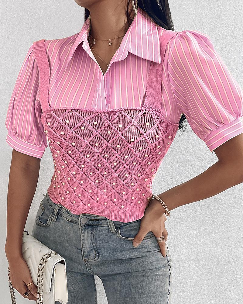 

Pearls Studded Knit Patchwork Fake Two-Piece Shirt, Pink