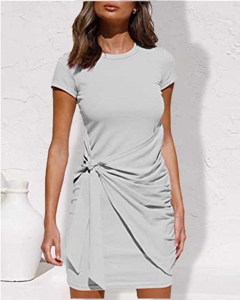 

Short Sleeve Tied Detail Casual Dress, Light gray