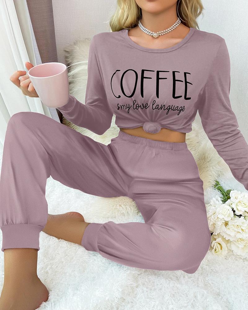 

Slogan Print Round Neck Pajamas Set, Purple