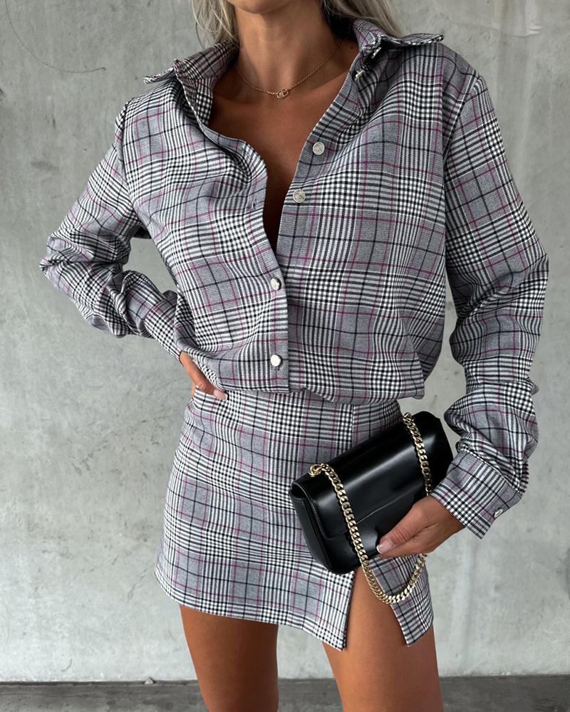 

Plaid Print Buttoned Top & Slit Skirt Set, Gray