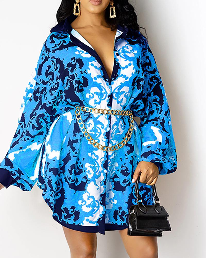 

Graphic Print Long Sleeve Shirt Dress, Dark blue