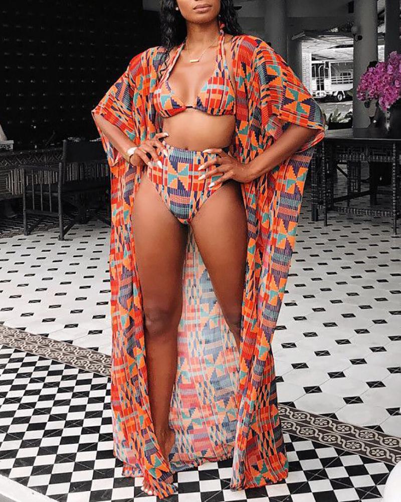 

3PCS Digital Printed Bikini Set With Cover Up, Red