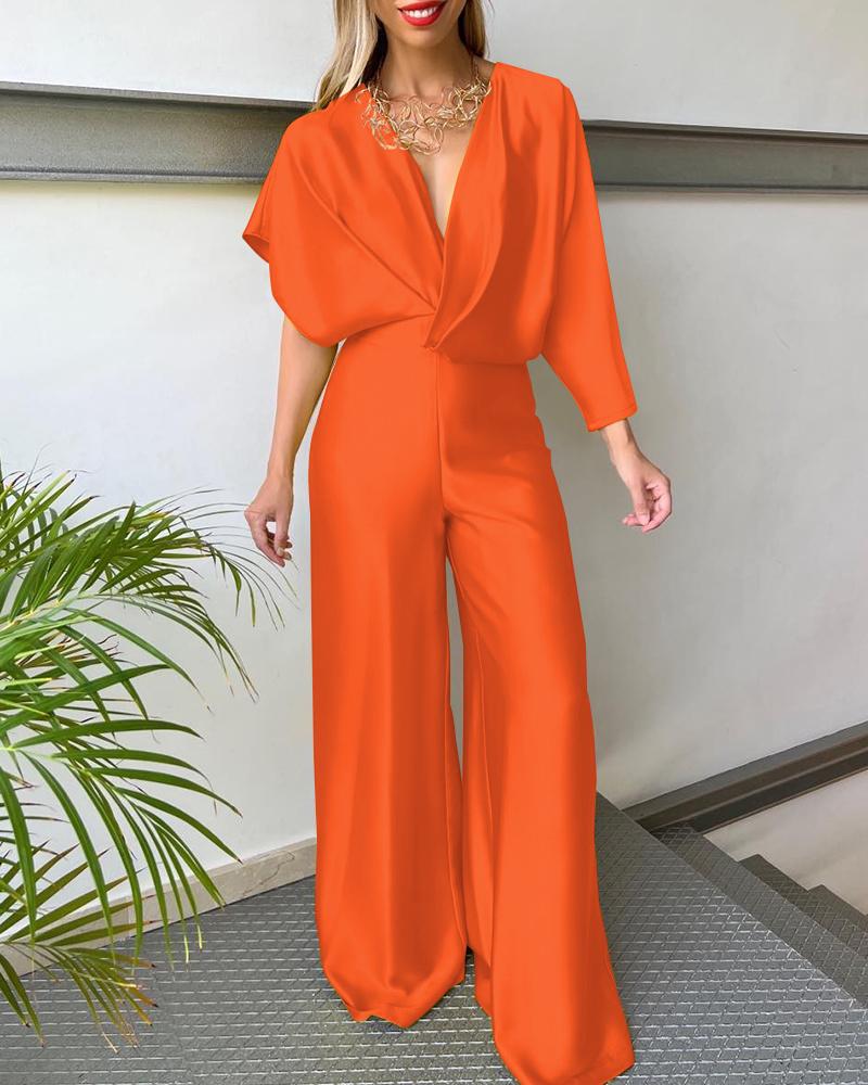 

Satin Asymmetrical Sleeve Wide Leg Jumpsuit, Orange