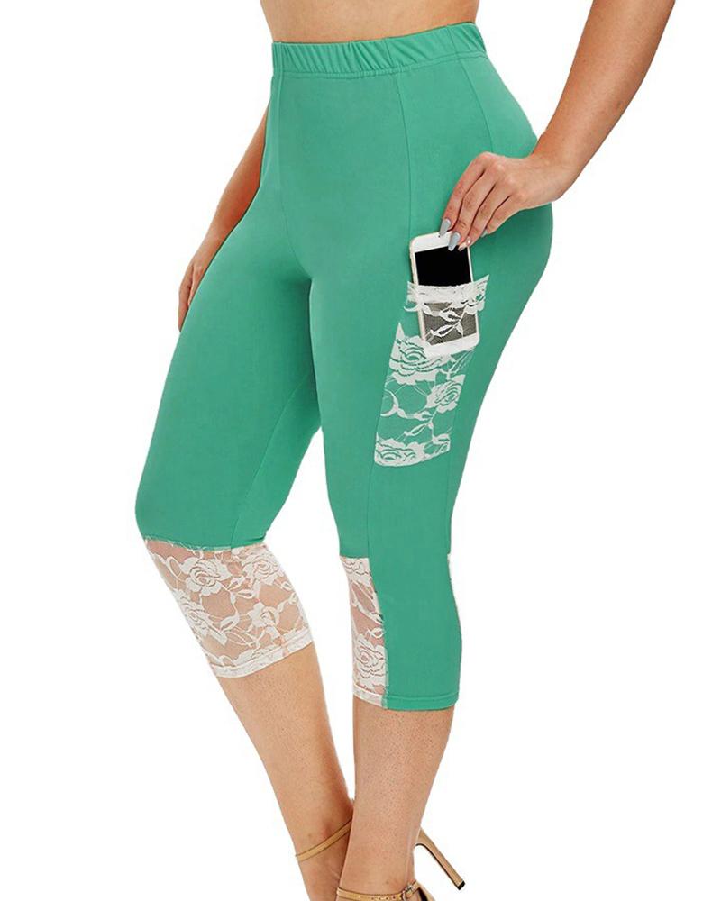 

Plus Size Lace Patch Pocket Design Skinny Pants, Green