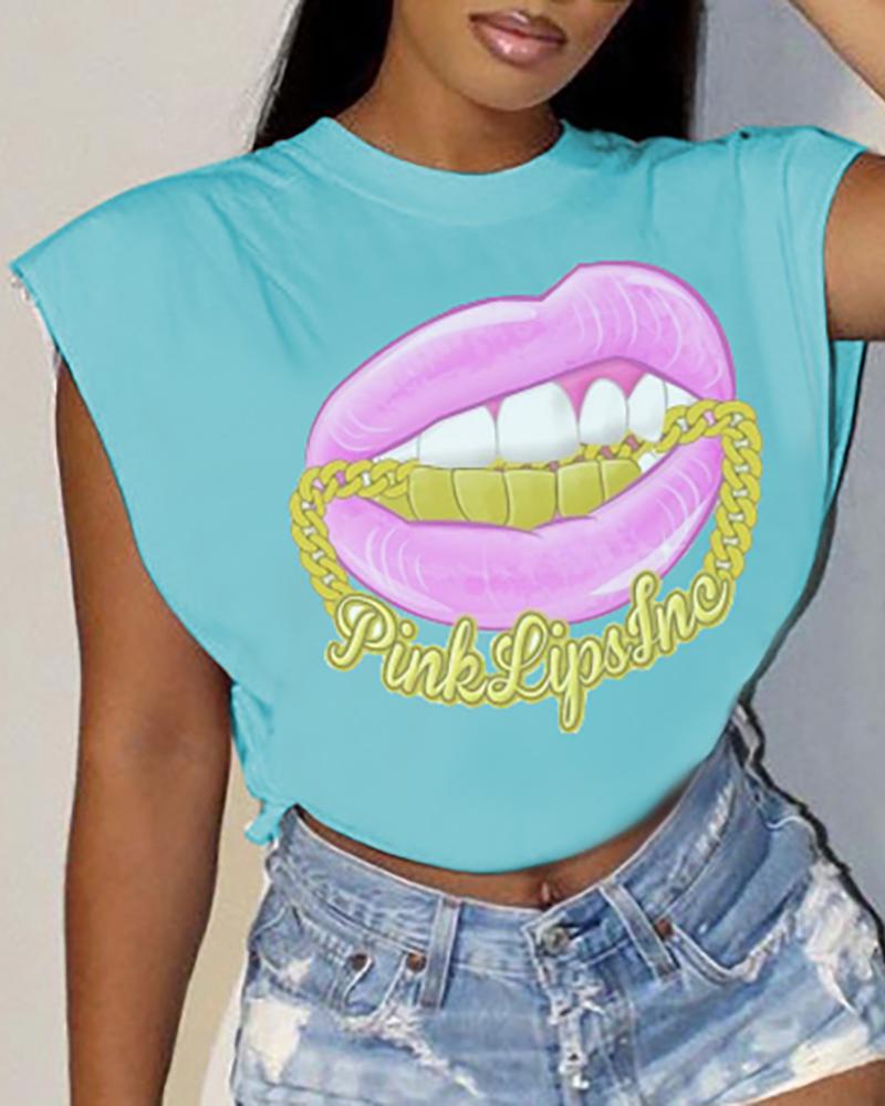 

Lip Print Cap Sleeve T-shirt, Lighted blue