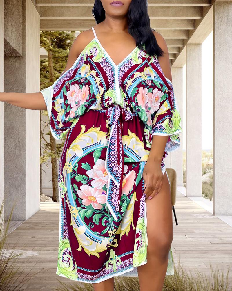 

Plus Size Scarf Print Cold Shoulder Slit Dress, Wine red
