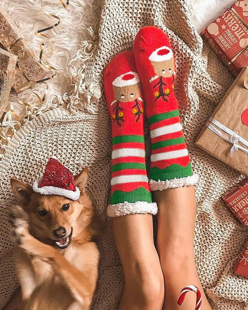 1 paire de chaussettes moelleuses rayées à imprimé Elk de Noël