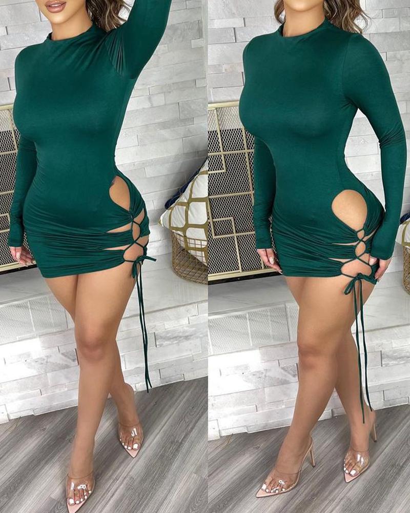 

Lace-up Design Long Sleeve Bodycon Dress, Green