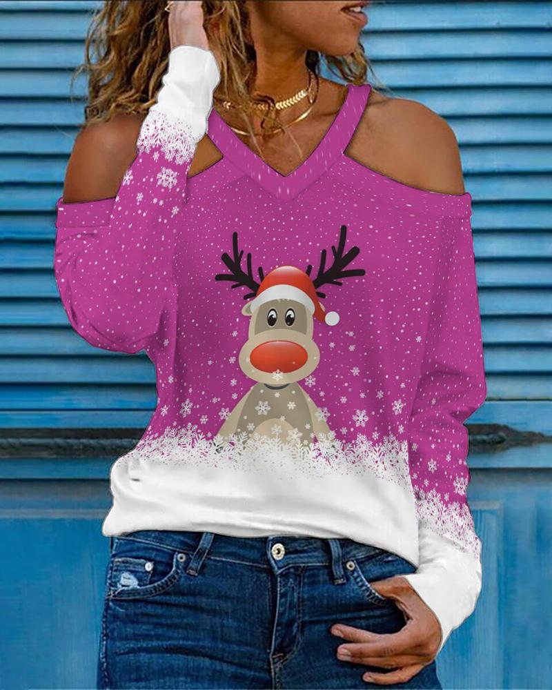 

Christmas Cold Shoulder Snowflake Elk Print Top, Purple
