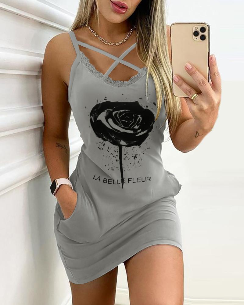 

Floral Print Contrast Lace Bodycon Dress, Gray