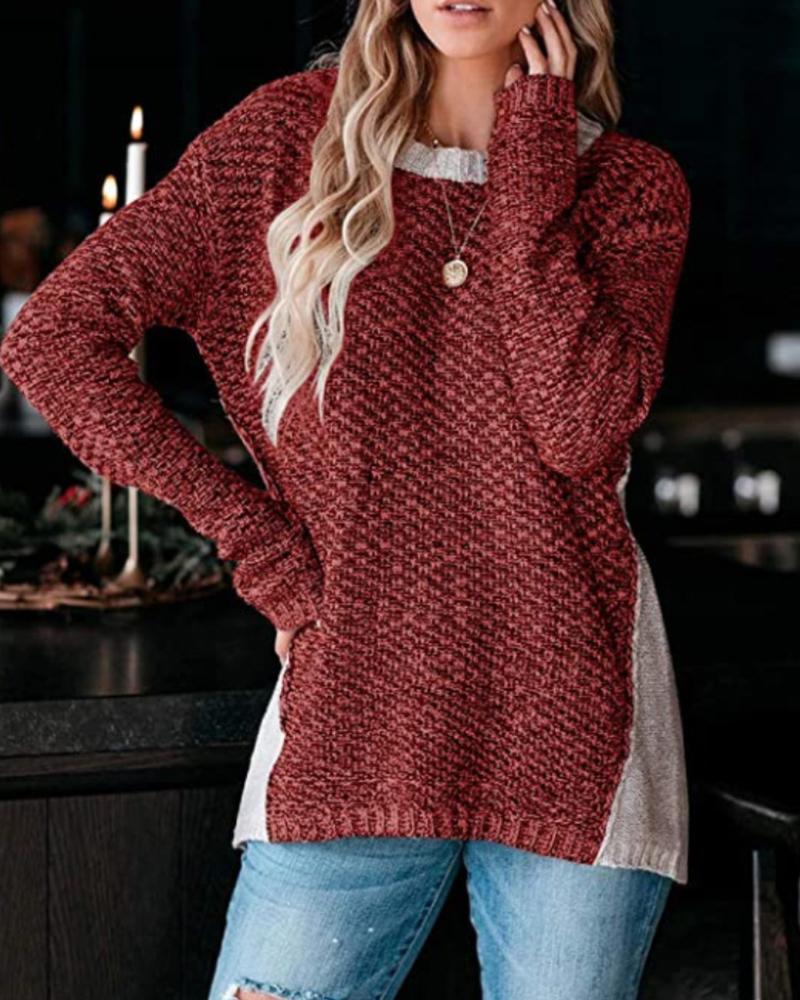 

Colorblock Long Sleeve Knit Casual Sweater, Red