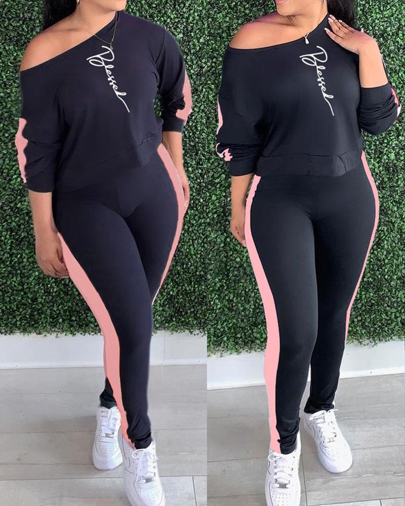 

Plus Size Letter Print Long Sleeve Top & Pants Set, Black