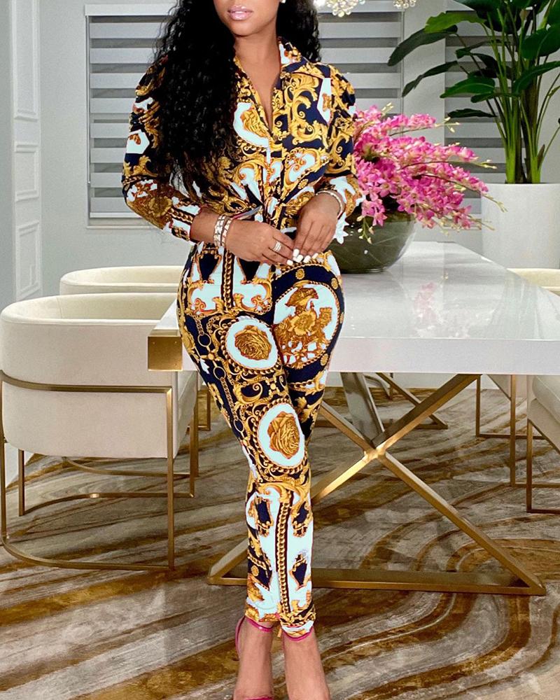 

Scarf Print Draped Detail Button Up Top & Skinny Pants Set, White