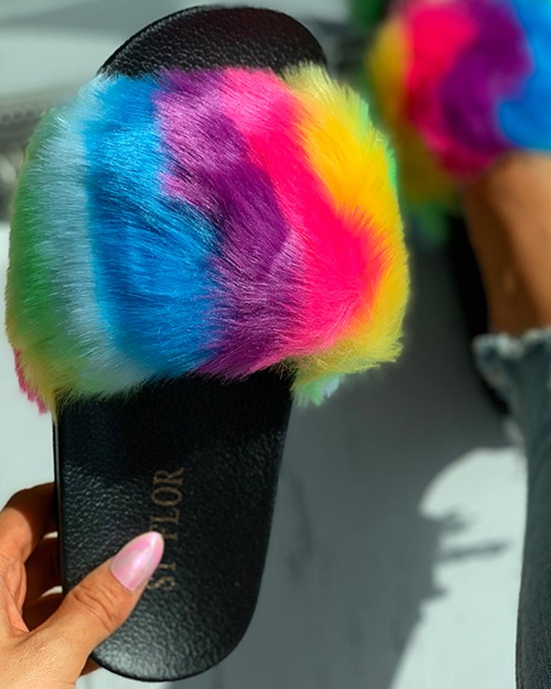 

Peep Toe Colorblock Fluffy Slipper, Black