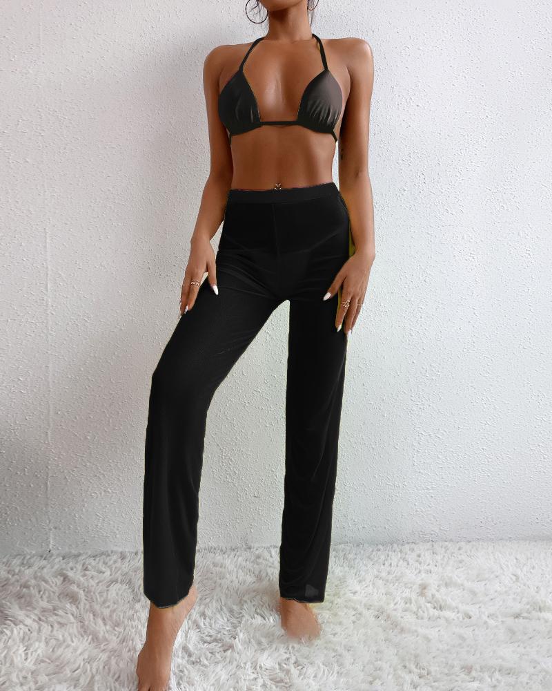 

3PCS Halter Bikini Set With Sheer Mesh Cover Up Pants, Black