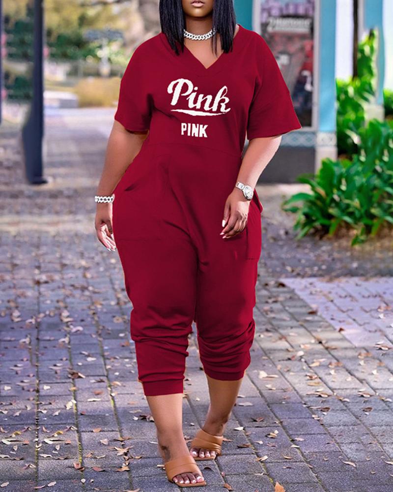 

Letter Print V-Neck Short Sleeve Pocket Design Jumpsuit, Wine red