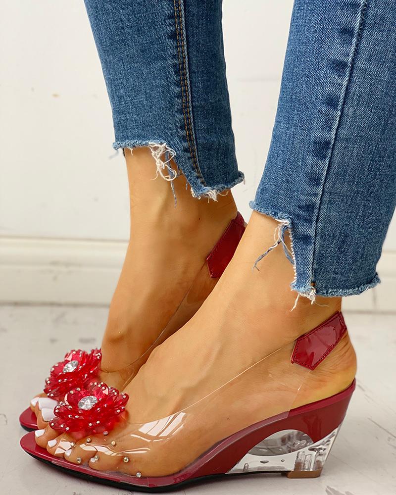 

Studded Flower Design Transparent Wedge Sandals, Red
