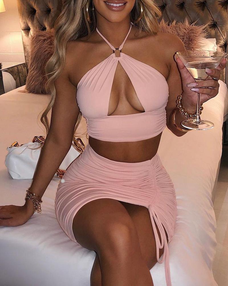 

Halter Ruched Cutout Crop Top & Drawstring Skirt Set, Pink