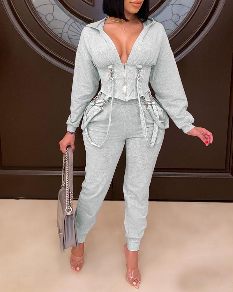 

Plain Hooded Zipper Design Top & Pants Set, Gray