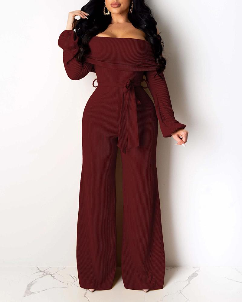 

Solid Off Shoulder Ribbed Wide Leg Jumpsuit, Wine red