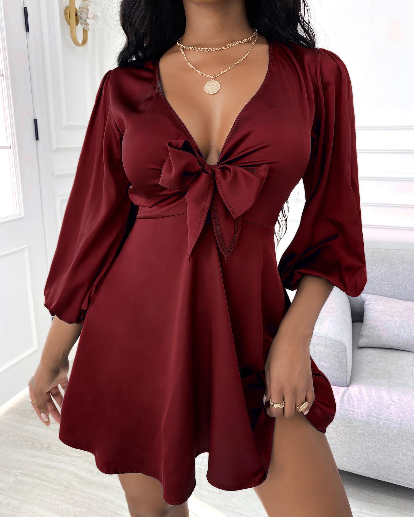 

Satin Puff Sleeve Plunge Tie Front Dress Solid Bow Party Casual Chic Sexy V Neck Dress, Wine red